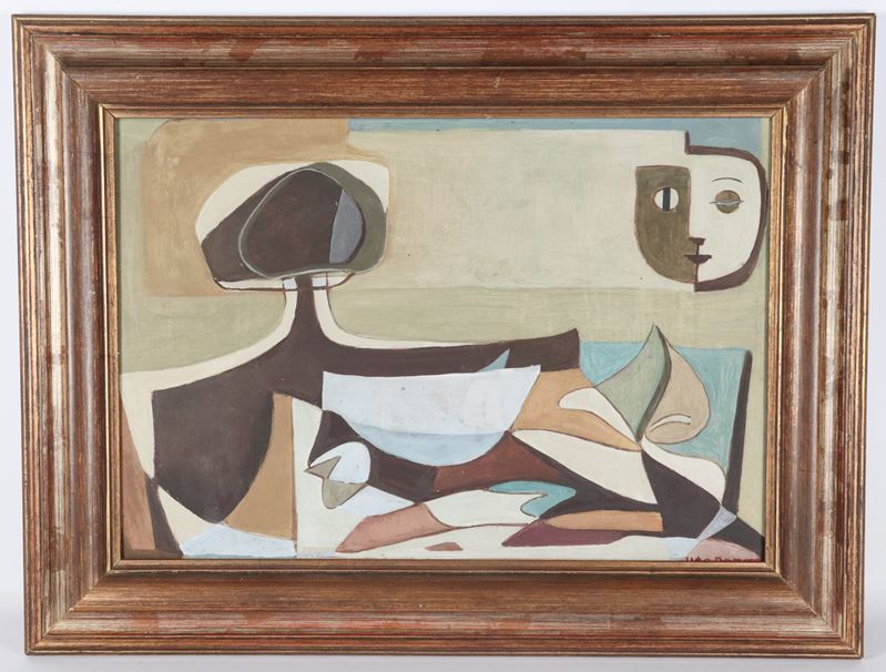 Firmato. "Enigma", piccolo dipinto ad olio su faesite, anno di esecuzione 1933, cornice in legno ...