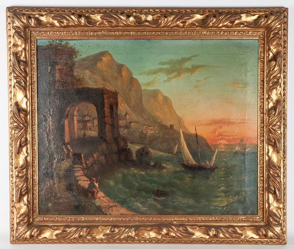 Scuola Italiana Inizio XIX Secolo - "Veduta costiera con barche di pescatori", dipinto ad olio su tela in antica cornice in legno dorato e intagliato