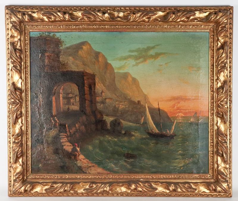 "Veduta costiera con barche di pescatori", dipinto ad olio su tela in antica cornice in legno dor...