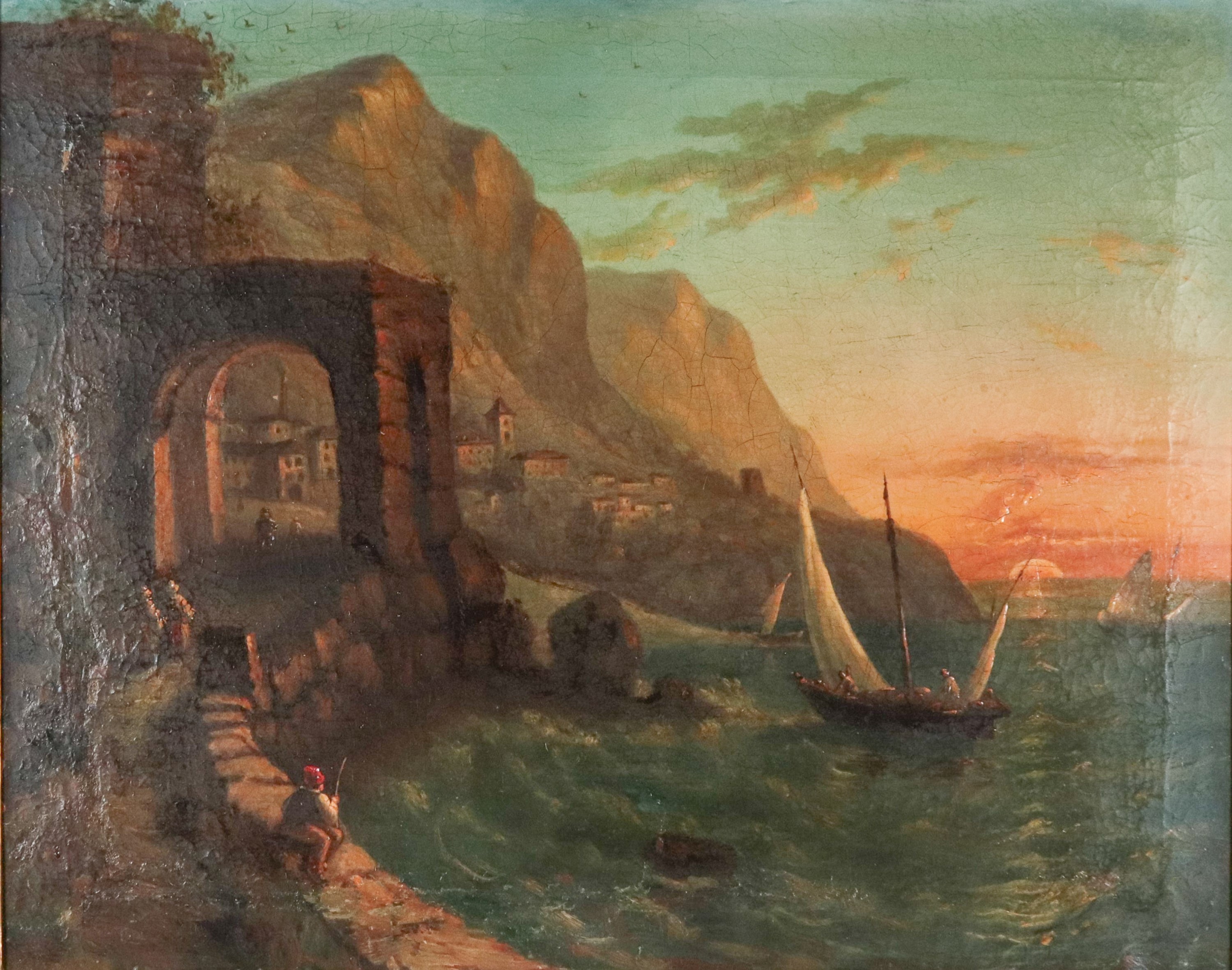 "Veduta costiera con barche di pescatori", dipinto ad olio su tela in antica cornice in legno dor...