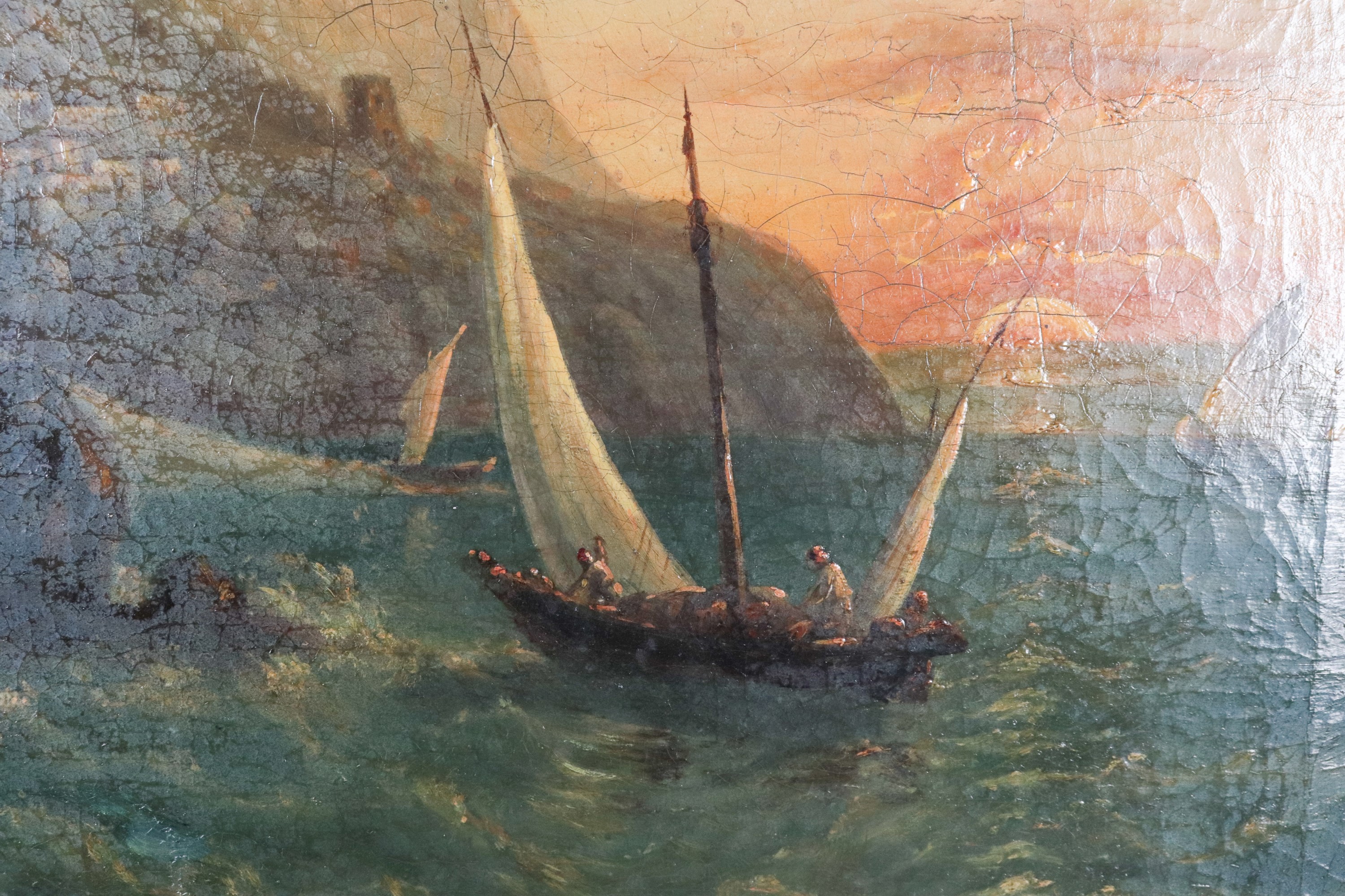 "Veduta costiera con barche di pescatori", dipinto ad olio su tela in antica cornice in legno dor...