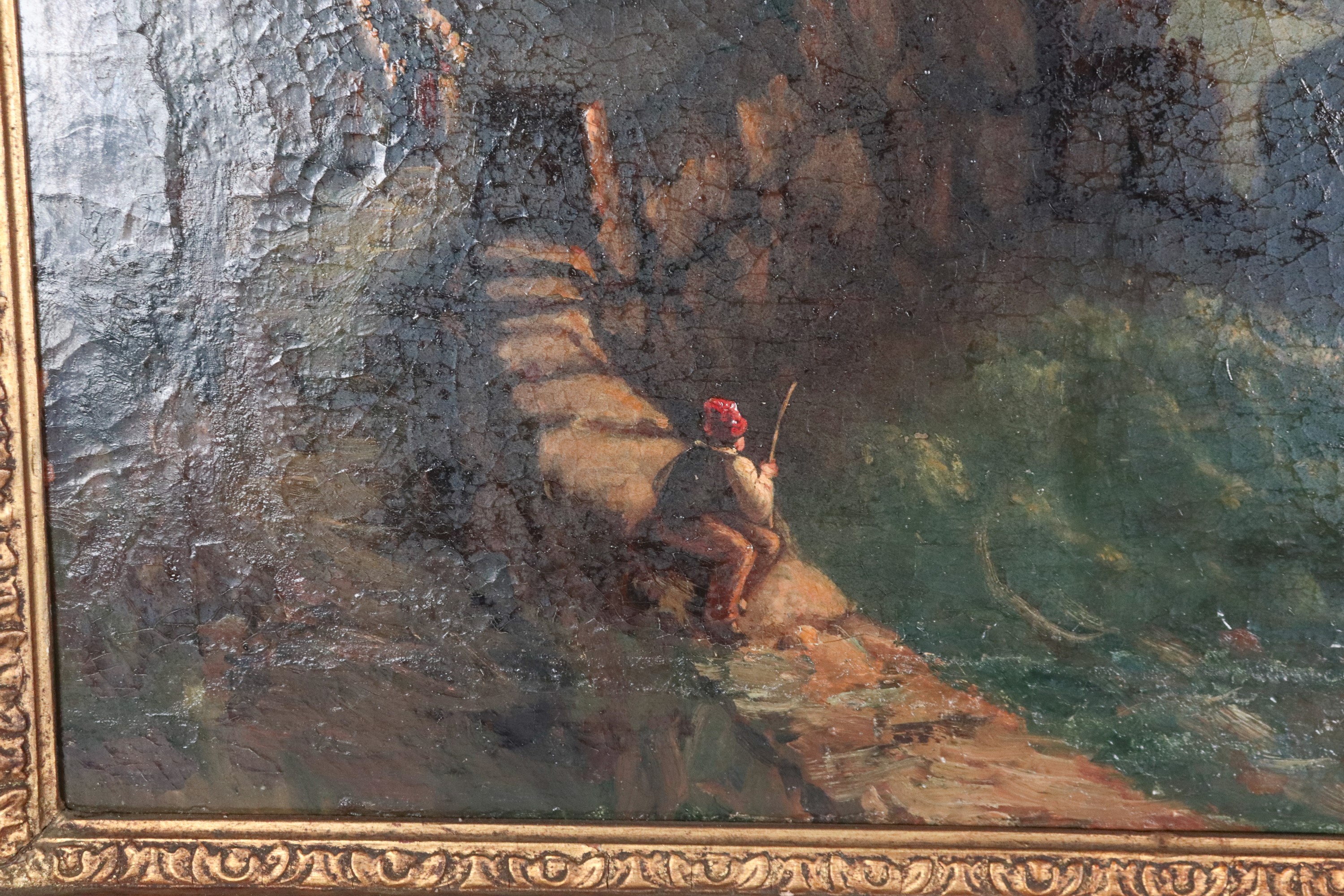 "Veduta costiera con barche di pescatori", dipinto ad olio su tela in antica cornice in legno dor...