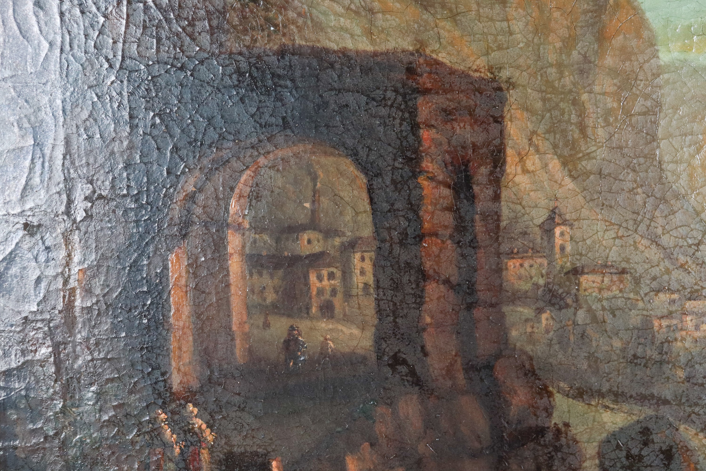 "Veduta costiera con barche di pescatori", dipinto ad olio su tela in antica cornice in legno dor...