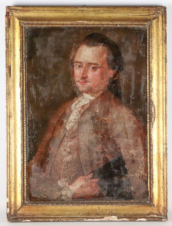 Scuola Veneta Inizio XVIII Secolo - "Ritratto di nobiluomo", dipinto ad olio su tela. La tela presenta vari difetti, antica cornice in legno dorato con varie mancanze