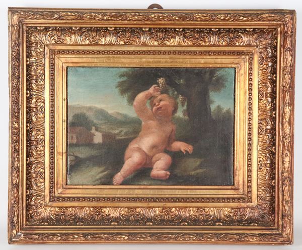 Scuola Romana Inizio XVIII Secolo - "Putto con grappoli d'uva", piccolo dipinto ad olio su tela in antica cornice in legno dorato e intagliato di epoca posteriore