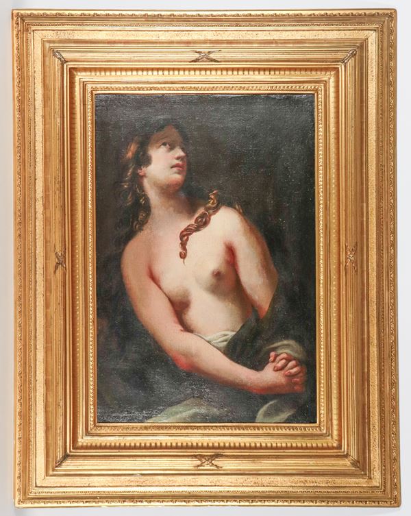 Scuola Genovese Fine XVII Secolo - "Maddalena penitente", dipinto ad olio su tela di pregevole esecuzione pittorica, antica cornice in legno dorato e intagliato di epoca posteriore
