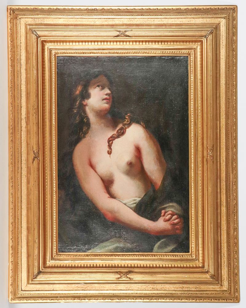 "Maddalena penitente", dipinto ad olio su tela di pregevole esecuzione pittorica, antica cornice ...