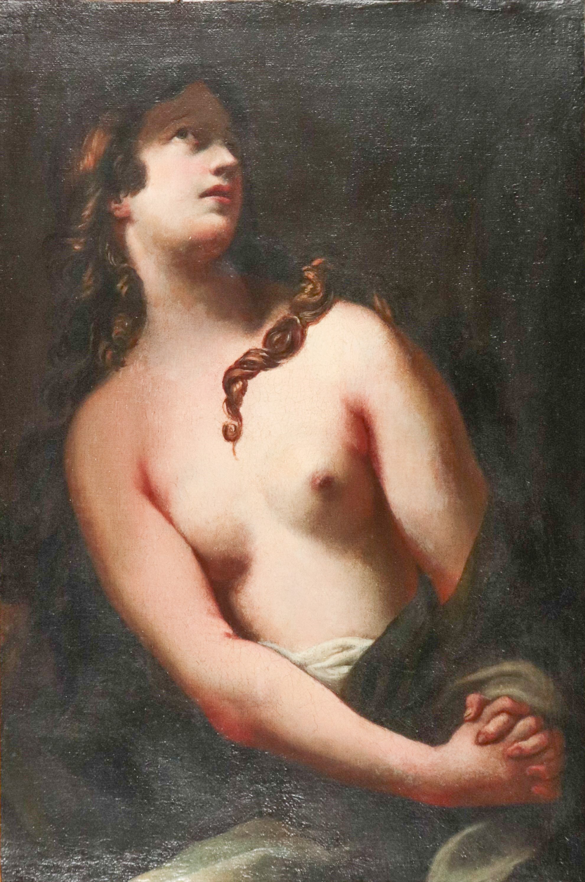 "Maddalena penitente", dipinto ad olio su tela di pregevole esecuzione pittorica, antica cornice ...