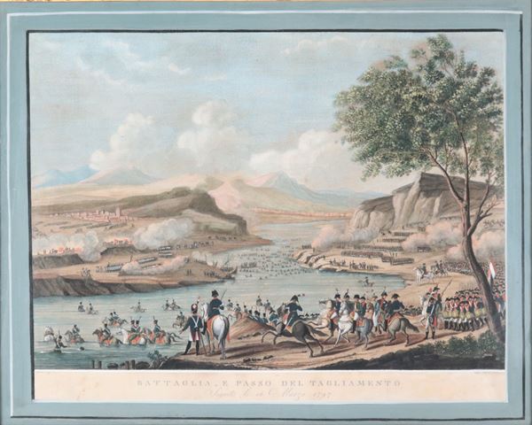 "Battaglia sul Tagliamento", antica stampa colorata in cornice dorata e passepartout