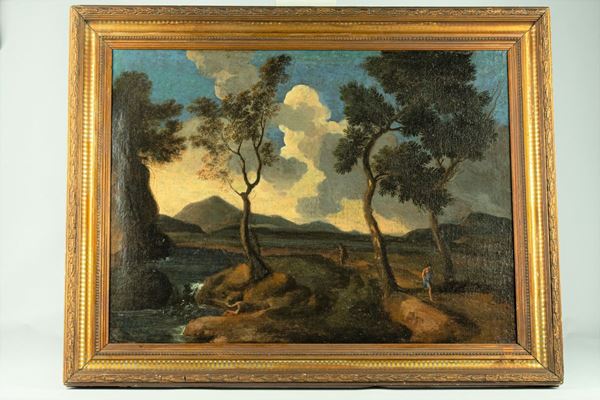 Pittore Italiano XIX Secolo - &quot;Paesaggio laziale con ruscello e viandanti&quot; 