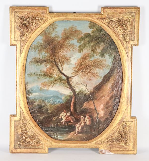 Scuola Italiana XIX Secolo - "Paesaggio con pastori e caprette", dipinto ovale ad olio su tela in cornice dorata e intagliata che presenta qualche mancanza