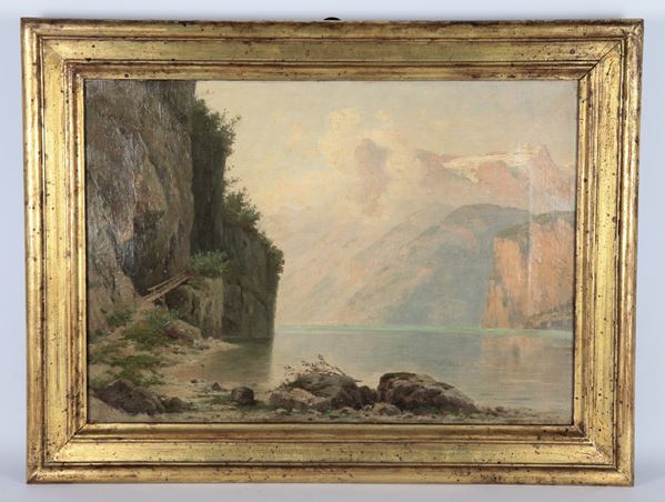 Scuola Italiana Fine XIX Secolo - Initialed. &quot;Alpine landscape with river and small bridge&quot;