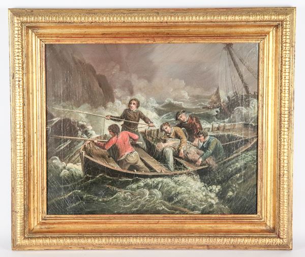 Scuola Francese XIX Secolo - "Naufragio con mare in burrasca", piccolo dipinto ad olio su tela in antica cornice in legno dorato e intagliato