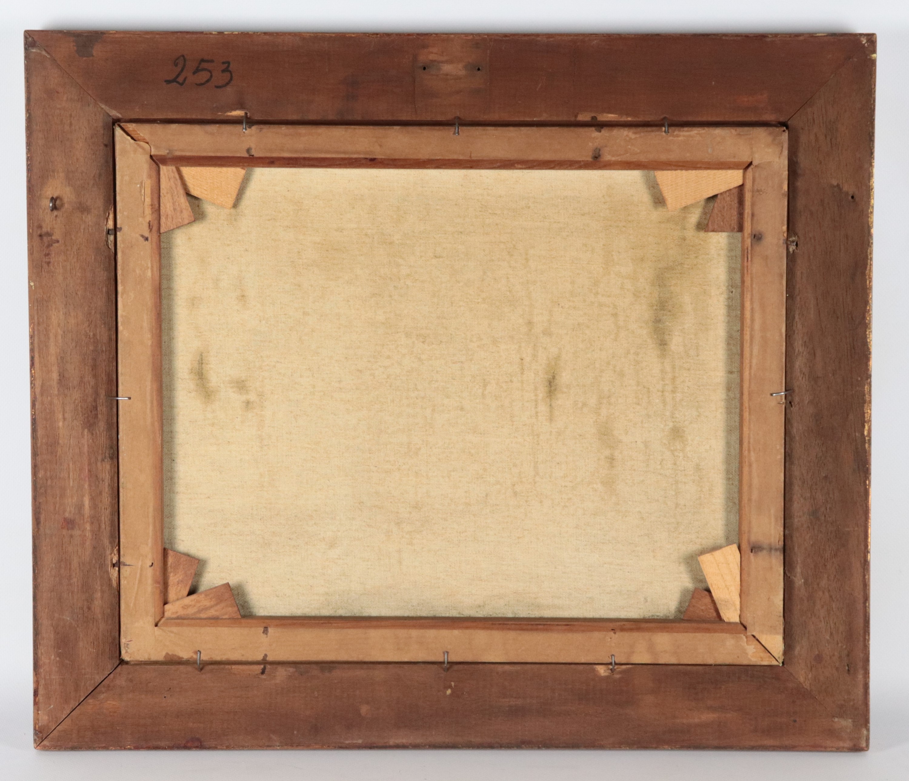 "Naufragio con mare in burrasca", piccolo dipinto ad olio su tela in antica cornice in legno dora...