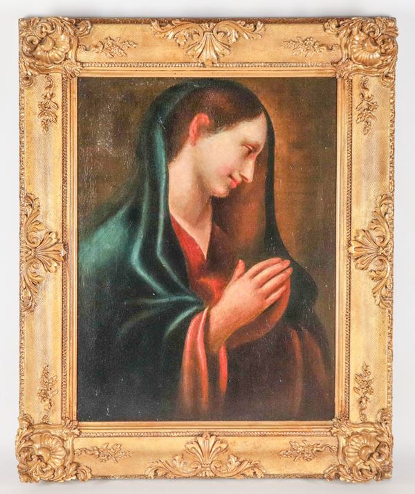 Scuola Bolognese Fine XVIII Secolo - "Madonna in preghiera", piccolo dipinto ad olio su tela in antica cornice in legno dorato e intagliato