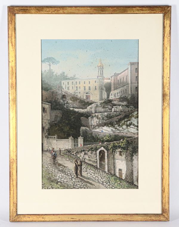 Scuola Italiana Fine XIX Secolo - "Veduta di monastero con frati e contadini", acquarello su carta in cornice dorata e passepartout