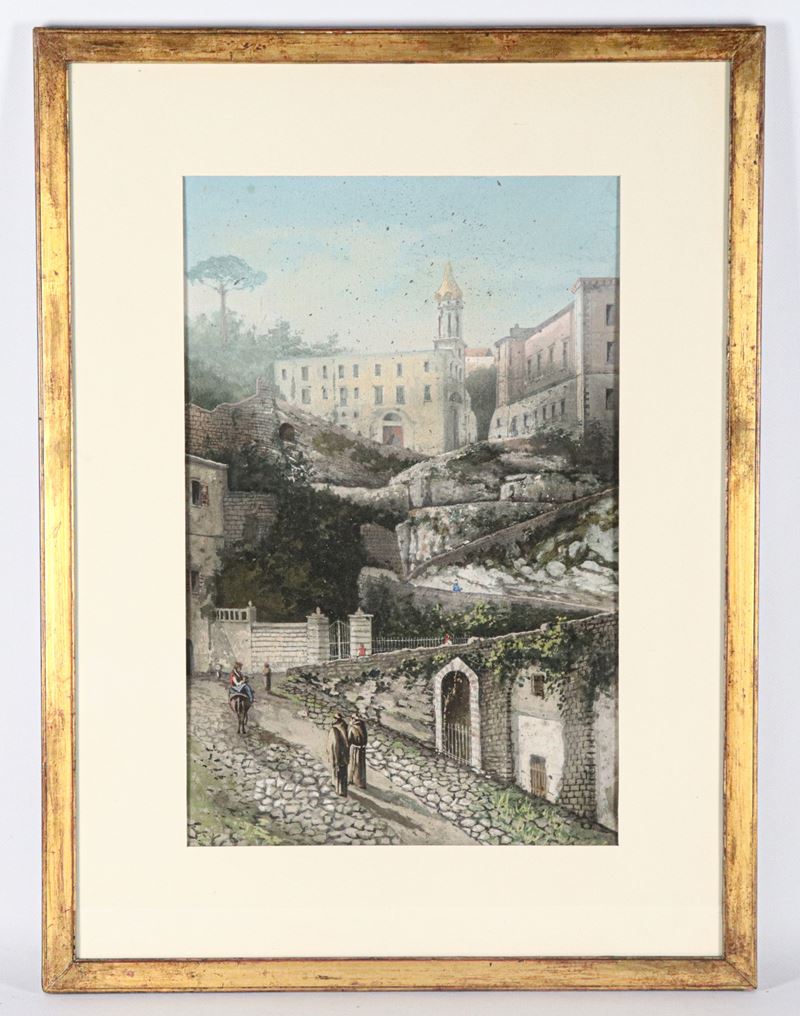 "Veduta di monastero con frati e contadini"