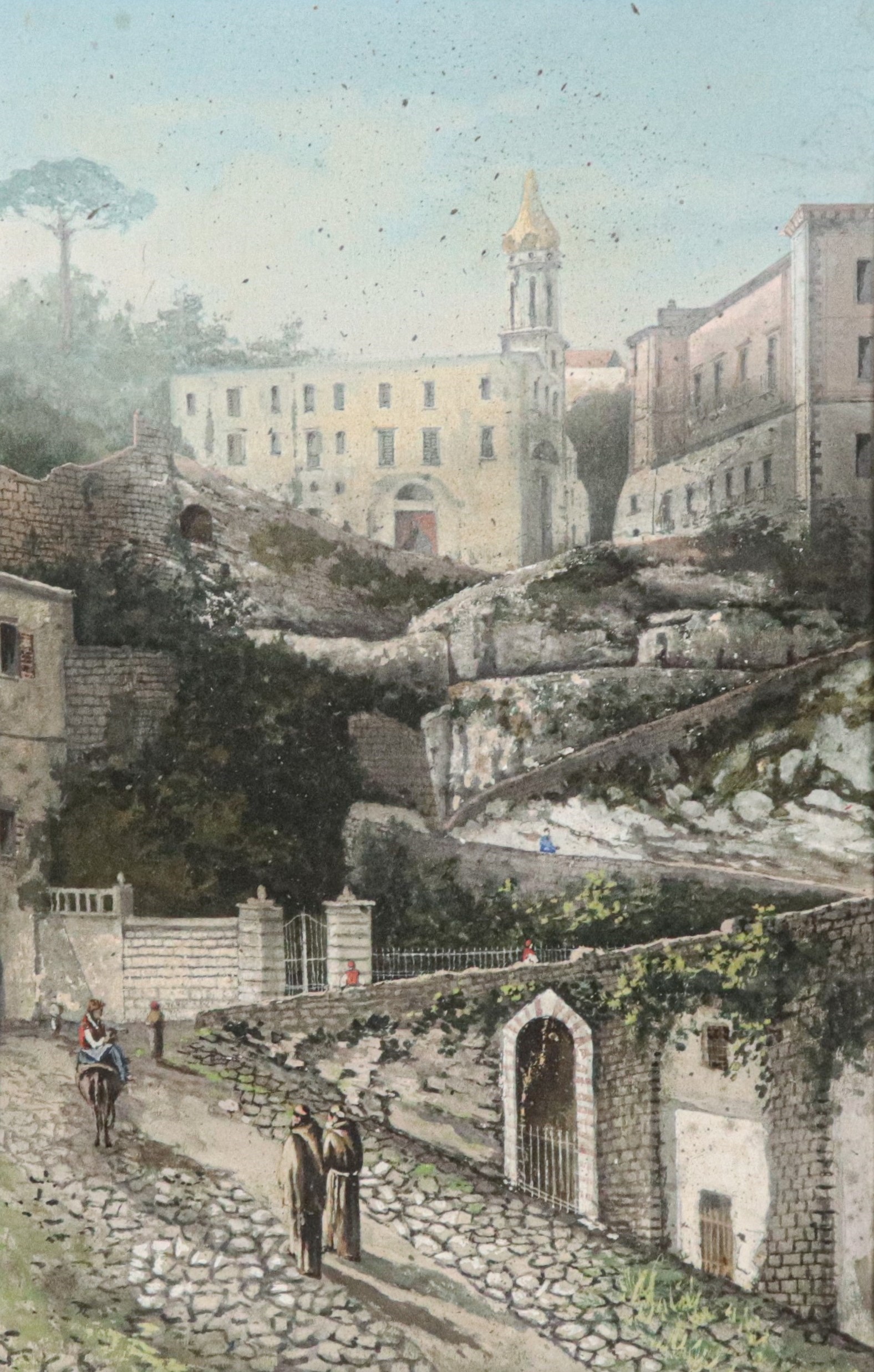 "Veduta di monastero con frati e contadini"