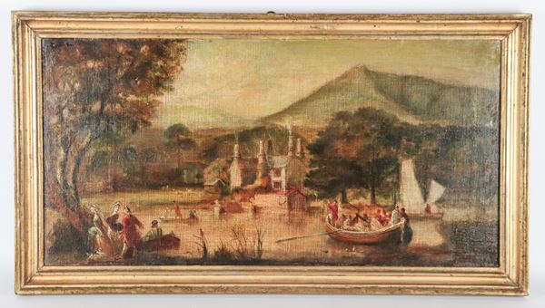 Scuola Italiana Fine XIX Secolo - Firmato. "L'arrivo dei nobili in barca al castello", dipinto ad olio su tela in cornice in legno dorato