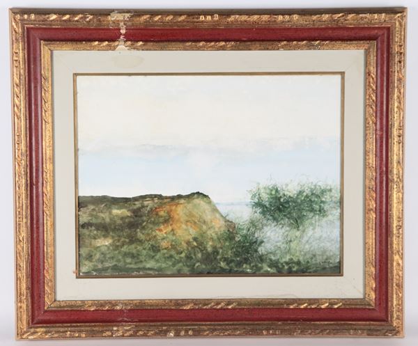 Giancarlo Cazzaniga - Firmato. "Scogliera", dipinto a tempera su carta in cornice dorata e laccata rossa