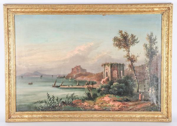 Scuola Napoletana Inizio XX Secolo - "Veduta della costa sorrentina con il Vesuvio sullo sfondo e barche di pescatori", dipinto ad olio su tela in cornice in legno dorato e intagliato