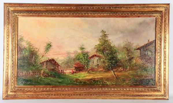 Scuola Italiana Inizio XX Secolo - Firmato. "Paesaggio campestre con case e contadini", dipinto ad olio su tela in cornice in legno dorato e intagliato