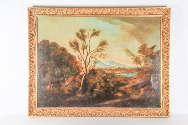 Scuola Italiana XIX Secolo - "Paesaggio con cavaliere e castello sullo sfondo", dipinto ad olio su tela in cornice in legno dorato e intagliato a volute floreali