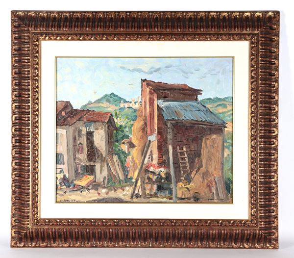 Emilio Kalchschmidt - Firmato e datato 1974. "Cascinali sulle colline di Salso", dipinto ad olio su cartone con forte contrasto cromatico. Il dipinto presenta certificazione di autenticità della Signora Amalia Kalchschmidt. Cornice in legno dorato e passepartout