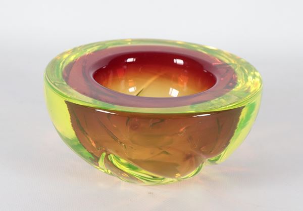 Posacenere in vetro di Murano a forma tonda in giallo, verde e ambra