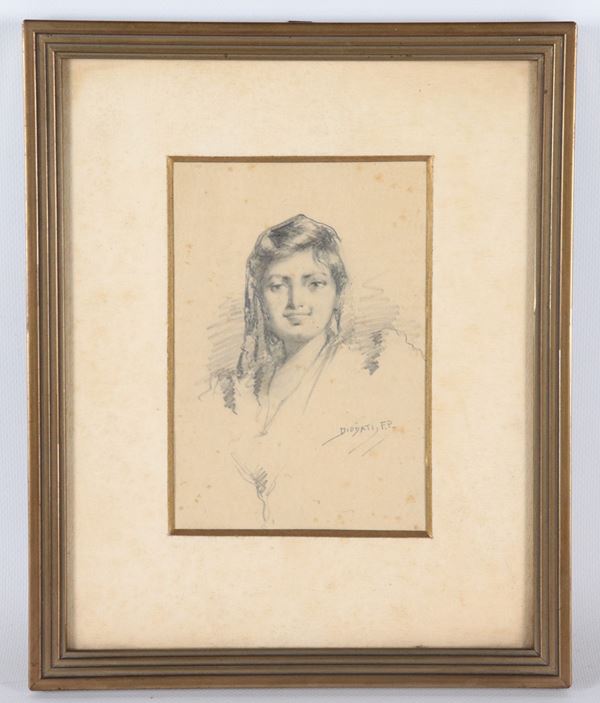 Francesco Paolo Diodati - Firmato. "Ritratto di giovane popolana", piccolo disegno a matita su carta in cornicetta in legno dorato e passepartout