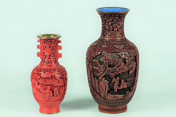 Two small Chinese vases in red lacquer