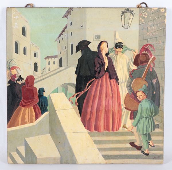 Mattonella in terracotta interamente decorata e variopinta con "Maschere del Carnevale di Venezia"