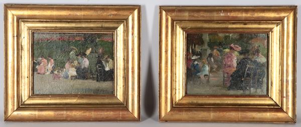 L&#233;on Tirode - Firmati. "Signore al parco", coppia di piccoli dipinti ad olio su cartone in cornici in legno dorato