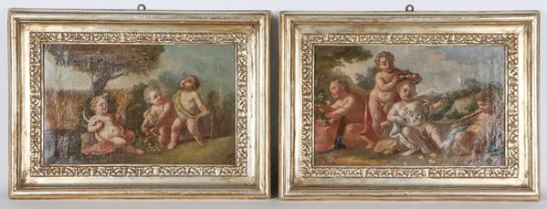 Scuola Italiana XVIII Secolo - "Allegoria di putti festanti", coppia di piacevoli dipinti ad olio su tela in antiche cornici in legno dorato e argentato a mecca