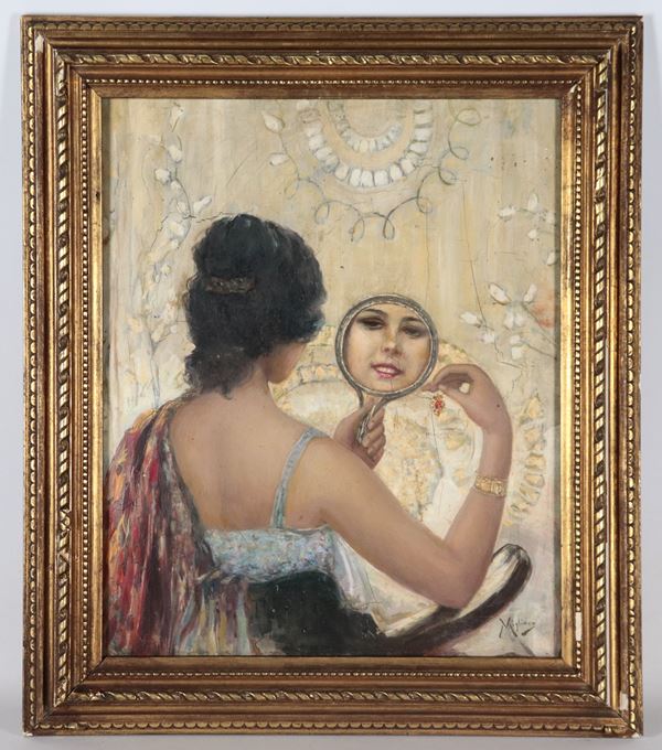 Vincenzo Migliaro - Reca la firma di. "Ragazza che si specchia alla toletta", luminoso dipinto ad olio su tavola in cornice in legno dorato e intagliato