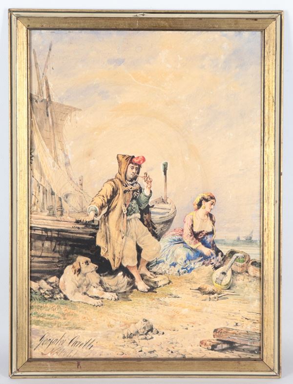 Consalvo Carelli - Firmato. "Il riposo dei pescatori", piccolo acquarello su carta incollata a tela in cornice dorata e laccata