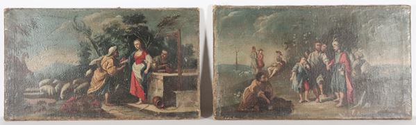 Scuola Veneta XVIII Secolo - "Scene bibliche", coppia di dipinti ad olio su tela