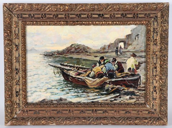 Luca Albino - Firmato. "Marina con l'approdo dei pescatori", piccolo dipinto ad olio su cartone pressato in cornice in legno dorato e intagliato