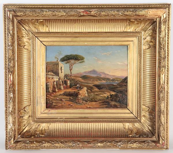 Giuseppe Giusti - Firmato. "Casa colonica con contadini e Golfo di Napoli sullo sfondo", piccolo dipinto ad olio su tavoletta in antica cornice in legno dorato e intagliato