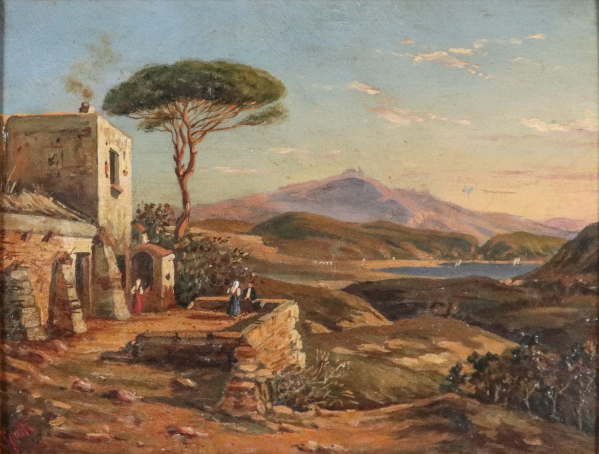 Firmato. "Casa colonica con contadini e Golfo di Napoli sullo sfondo", piccolo dipinto ad olio su...