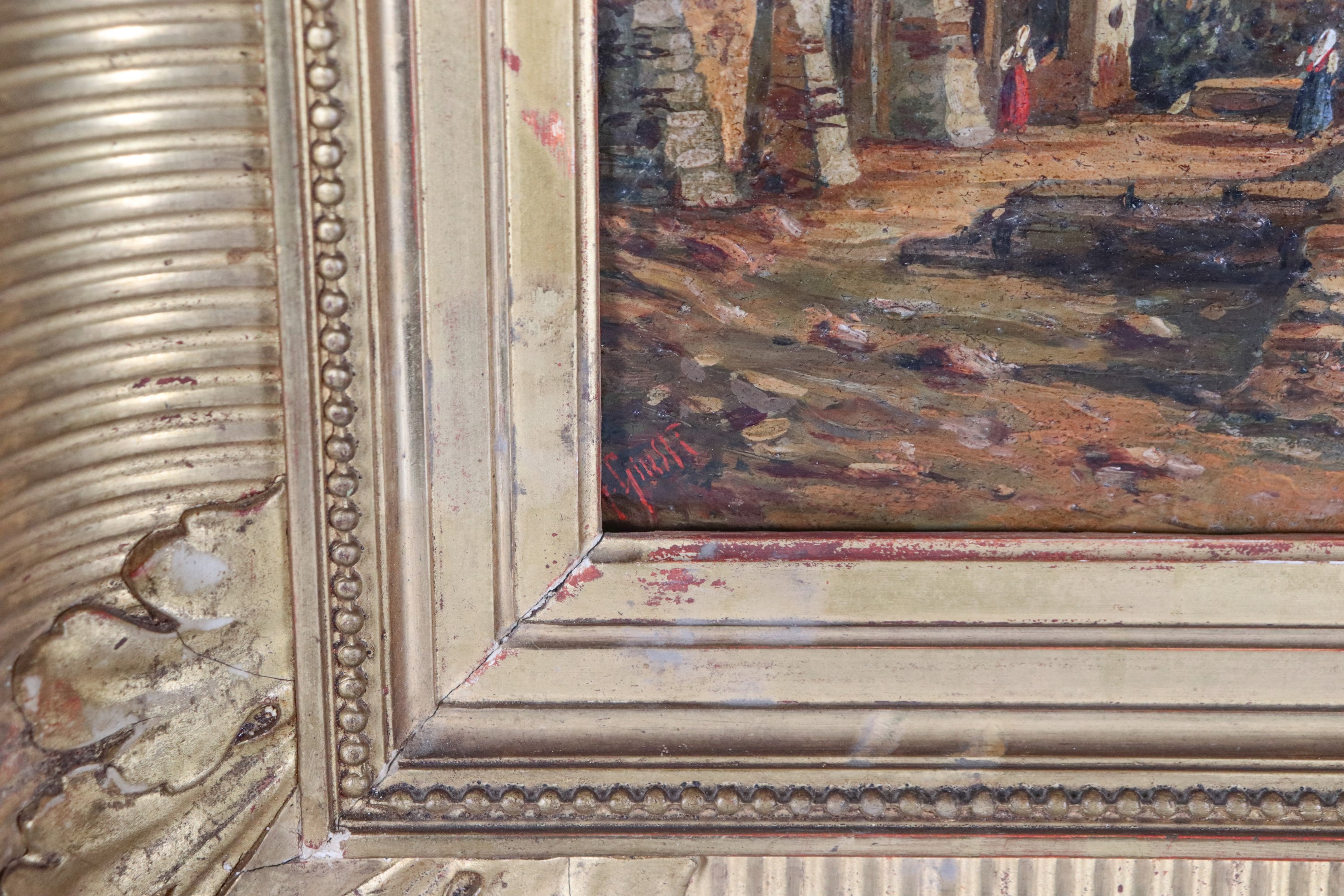 Firmato. "Casa colonica con contadini e Golfo di Napoli sullo sfondo", piccolo dipinto ad olio su...