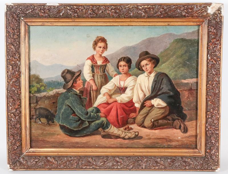 Siglato e datato 1866. "Gruppo di fanciulli che giocano con le castagne", piccolo dipinto ad olio...