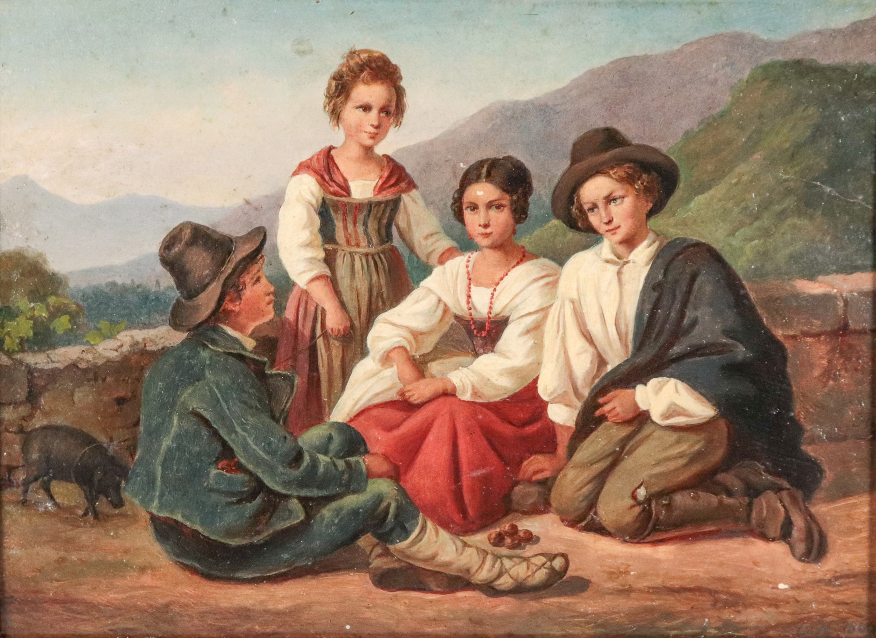 Siglato e datato 1866. "Gruppo di fanciulli che giocano con le castagne", piccolo dipinto ad olio...