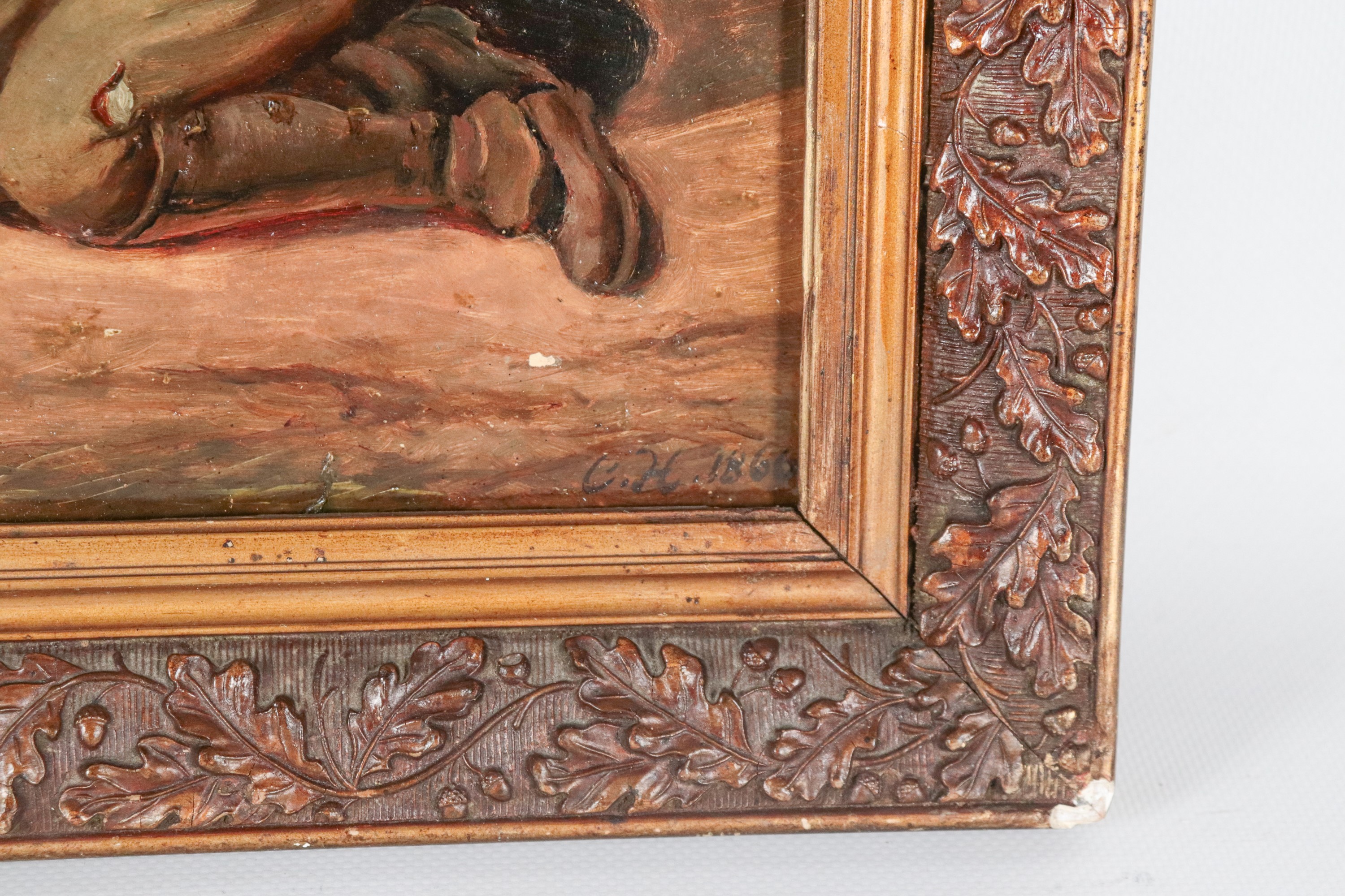 Siglato e datato 1866. "Gruppo di fanciulli che giocano con le castagne", piccolo dipinto ad olio...