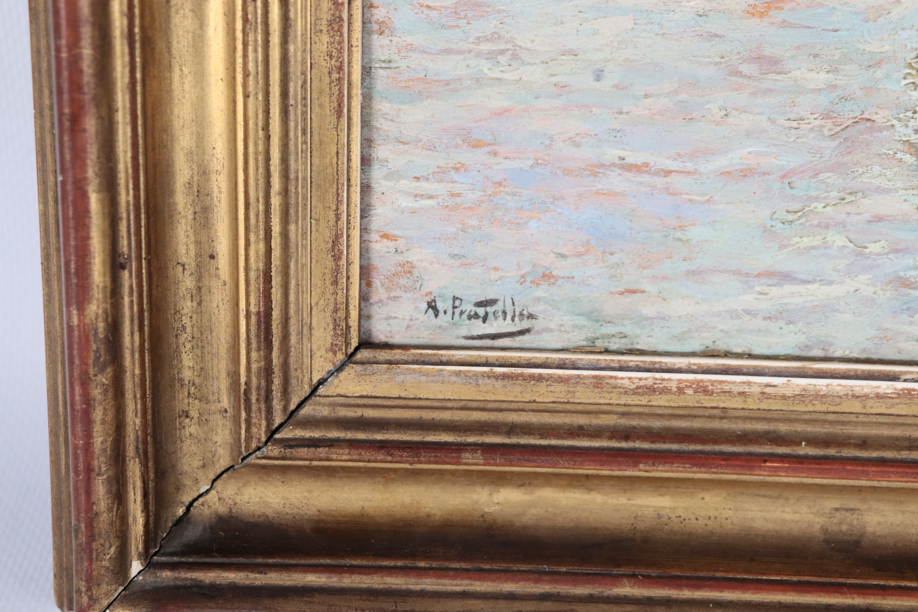 Reca la firma di. "Veduta del Golfo di Napoli con barche e pescatori", piccolo dipinto ad olio su...