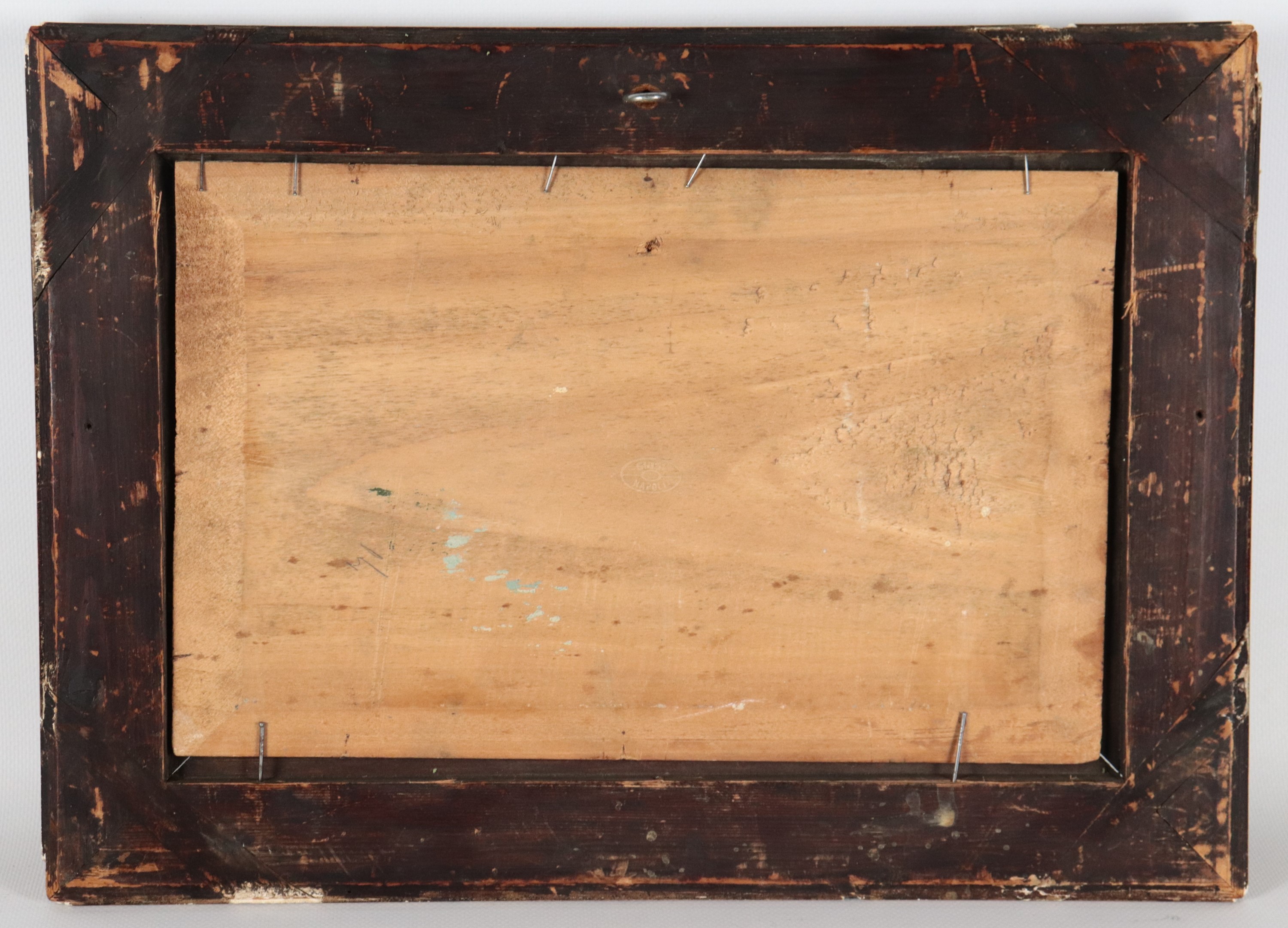 Reca la firma di. "Veduta del Golfo di Napoli con barche e pescatori", piccolo dipinto ad olio su...