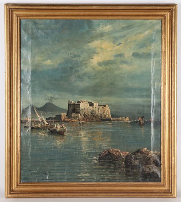 Giuseppe Carelli - Firmato. "Veduta del Golfo di Napoli con Castel dell'Ovo, barche di pescatori e il Vesuvio sullo sfondo", dipinto ad olio su tela in cornice in legno dorato