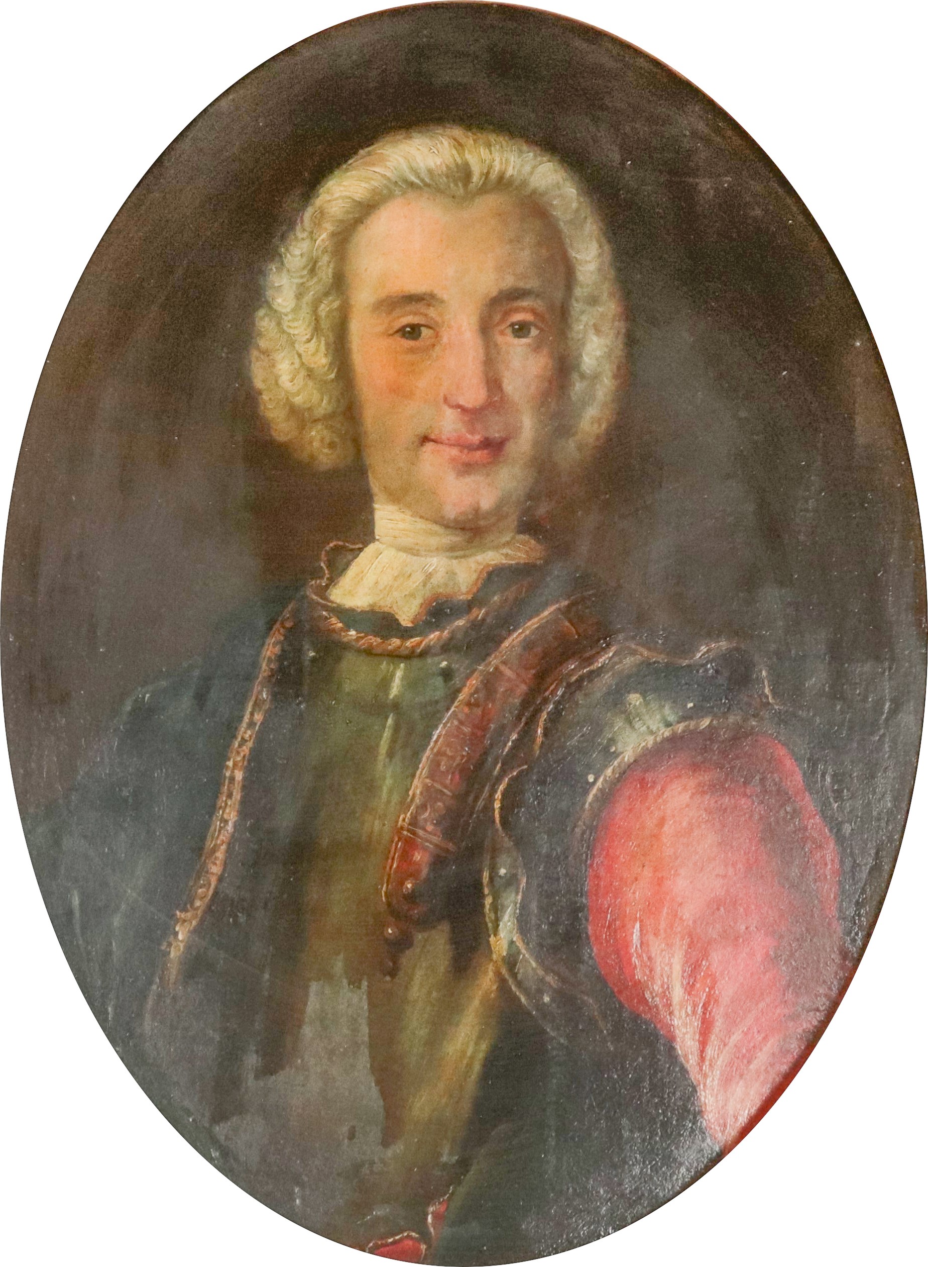 "Ritratti di nobiluomini", coppia di dipinti ovali ad olio su tela in antica cornice in legno dor...