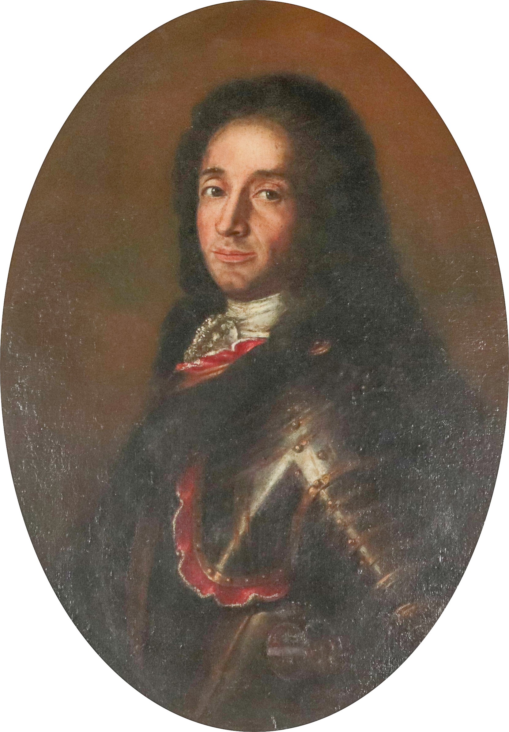 "Ritratti di nobiluomini", coppia di dipinti ovali ad olio su tela in antica cornice in legno dor...