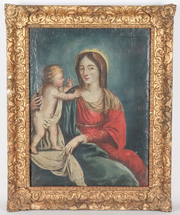 Scuola Bolognese XVIII Secolo - "Madonna con Bambino", piccolo dipinto ad olio su tela in cornice in legno dorato e intagliato